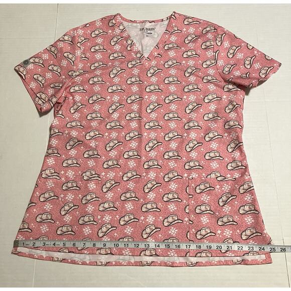 Womens Spurrin’ Scrubs Medical Scrub Top Western Cowboy Cowgirl Hat Pink XL READ - Picture 10 of 11